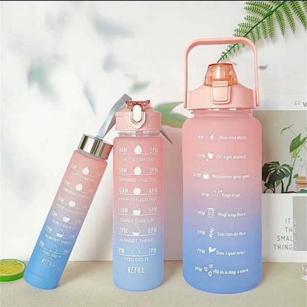 Sports Water Bottles 3 Pcs Set With Motivational Time Marker & Leak Proof Flip Top Lid