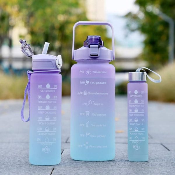 Sports Water Bottles 3 Pcs Set With Motivational Time Marker & Leak Proof Flip Top Lid