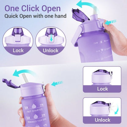 Sports Water Bottles 3 Pcs Set With Motivational Time Marker & Leak Proof Flip Top Lid